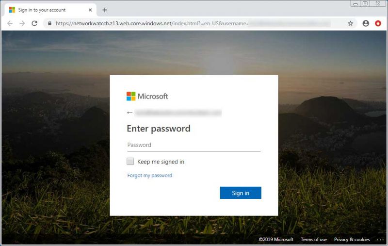 page de phishing Office 365